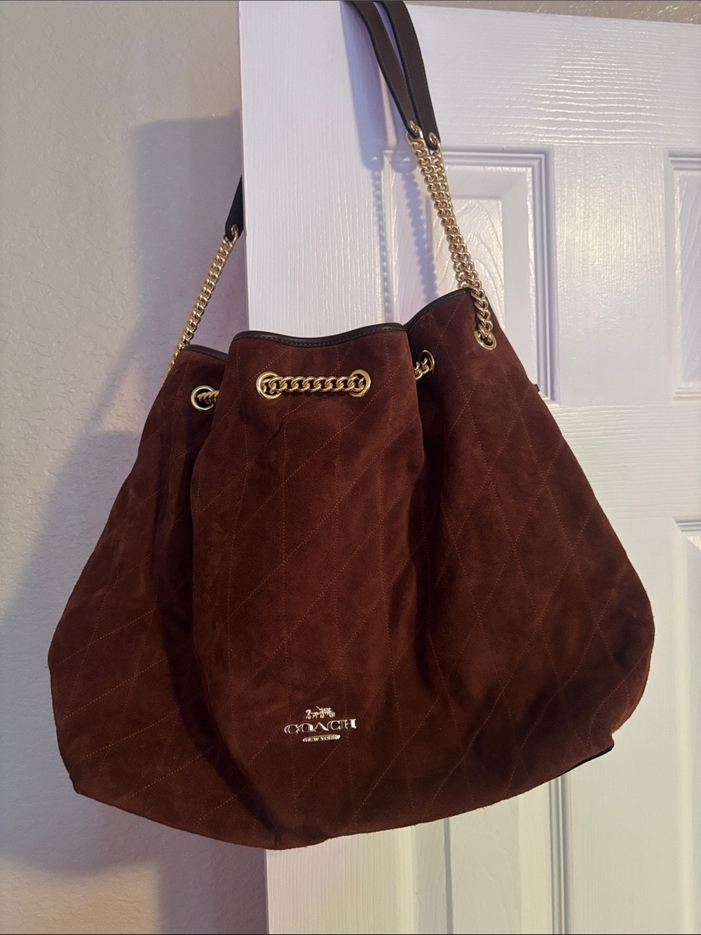 Coach Evelyn Brown Suede Quilted Drawstring Shoulder Bag with Gold Chain
